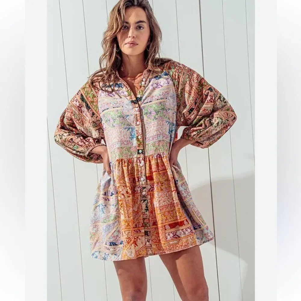 Heyday Colorful Complimentary Print Boho Peasant Tunic Blouse Mini Dress